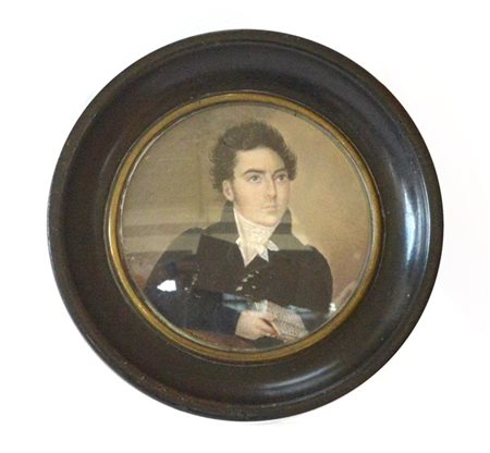 Maestro del secolo XIX "Ritratto di letterato" miniatura tonda su avorio (d. cm