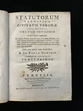 [STATUTI DI VERONA]. Statutorum magnificae civitatis Veronae libri quinque.
Ven