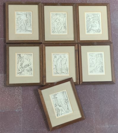 Lotto di 7 incisioni raffiguranti scene allegoriche. in cornice (difetti). Non