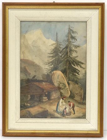 Ignoto del secolo XIX "La famiglia" acquarello su carta (cm 35x24,5) in cornice