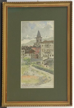 Domenico Pesenti "Scocio di paese con campanile" acquerello su carta (cm 20x10)