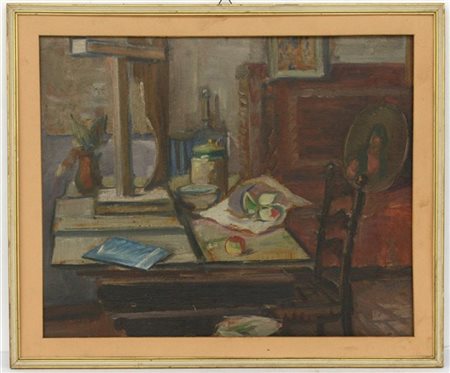 Ignoto del secolo XX "Interno" olio su compensato (cm 50x60) in cornice (difett