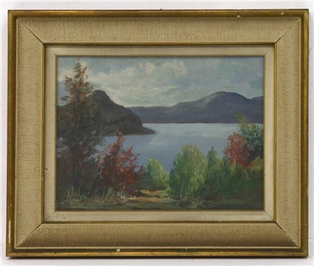 Ignoto del secolo XX "Paesaggio lacustre" olio su cartone pressato (cm 29,5x40)