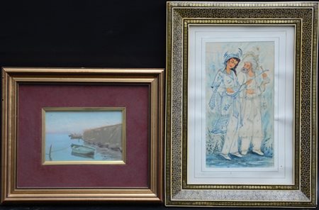 Lotto composto da un dipinto ad olio raffigurante una barca all'ormeggio firmat