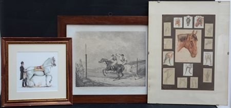 Lotto composto da due stampe di soggetto equestre ed una composizione di disegn