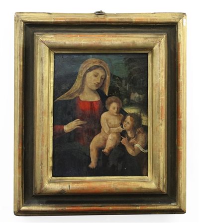 Ignoto "Madonna con Bambino e San Giovannino" antico dipinto ad olio su tavola