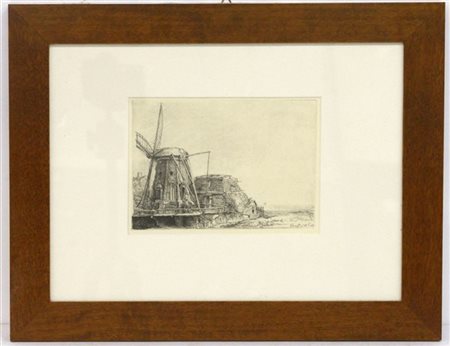 Rembrandt "Mulino a vento" 1641 incisione (cm 15x20,5) impressione moderna, in