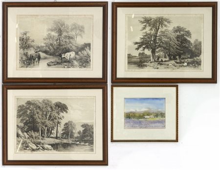 Lotto composto da tre litografie ed un acquarello raffiguranti paesaggi, autori