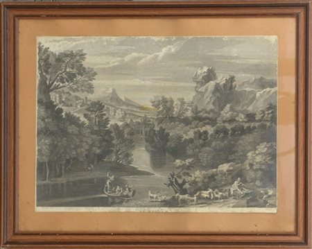 Incisione da Poussin "Le berger" (cm 50x69) in cornice (difetti e restauri)