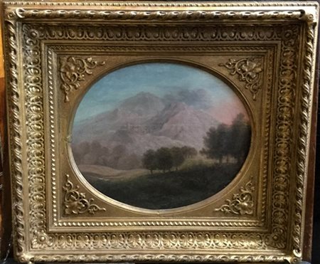 Scuola dell'inizio del XIX Secolo "Paesaggio" olio su tavola (cm 18x22) In corn