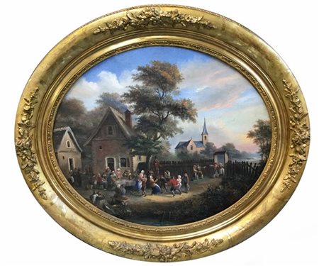 Ignoto del secolo XIX "Scena campestre" olio su tela ovale (cm 56x64) in cornic