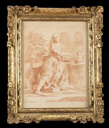 Scuola del secolo XIX "Figura femminile che nutre un bimbo" matita rossa su car