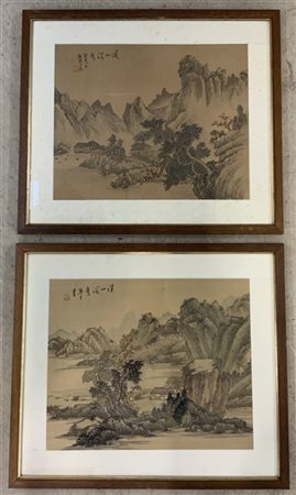 Arte orientale, coppia di stampe su tessuto raffiguranti paesaggi (cm 29x36), i