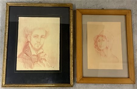 Lotto di due sanguigne raffiguranti un ritratto maschile ed uno femminile, firm