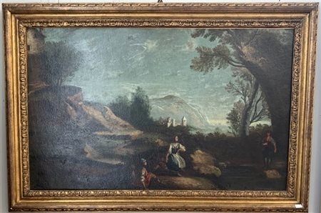 Scuola dell'inizio del secolo XIX "Paesaggio agreste con figure" olio su tela (