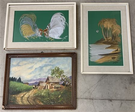 Lotto composto da un dipinto su tavola raffigurante un paesaggio montano e due