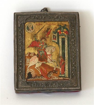 Scuola russa secolo XIX, icona ad olio su tavola raffigurante San Giorgio e il