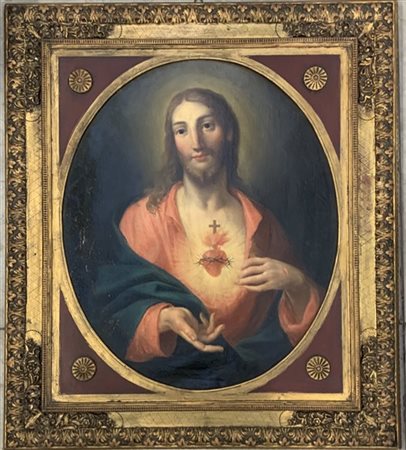 Artista del secolo XIX, "Sacro Cuore di Gesù'', olio su tela ovale (cm 78x65),