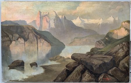 Carlo De Toma "Paesaggio lacustre montano" olio su tela (cm 57x90) firmato e dat