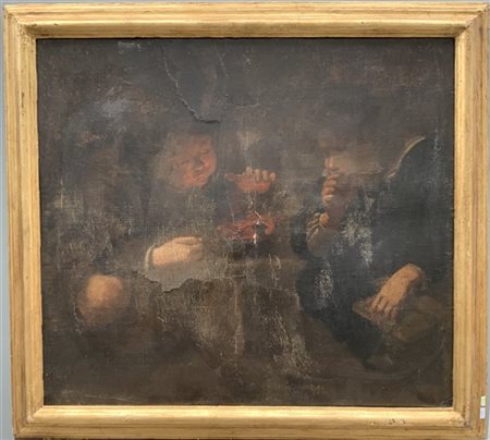 Ignoto, "Due fanciulli attorno a un braciere" olio su tela (cm 65x73) (difetti