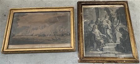 Lotto di due antiche incisioni raffiguranti una battaglia navale e una scena re