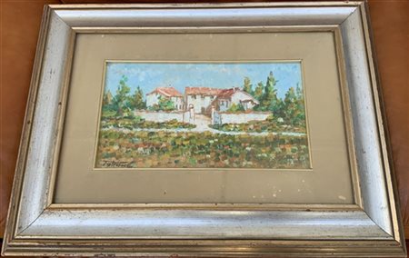 Carlo Tagliabue "Cascina San Pietro, Arese" olio su masonite (cm 21x36) firmato