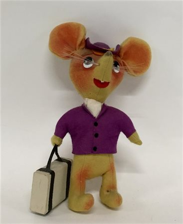 Pupazzo del sec. XX raffigurante Topo Gigio con valigia (h cm 23) (difetti)