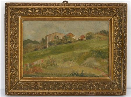Luigi Gioli "Paesaggio campestre" olio su cartone (cm 16x25) firmato in basso a