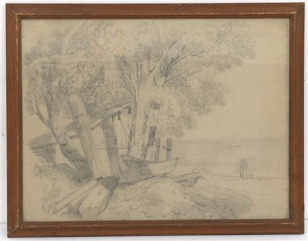Alexandre Calame "Scorcio con barca" disegno a matita (cm 40x52) firmato in bas
