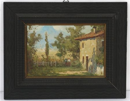 Onorato Carlandi "Scorcio con cascina e figure" olio su cartoncino (cm 21x30) f