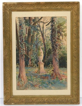 Onorato Carlandi "Scorcio di parco con statua" acquarello (cm 60x42) firmato e
