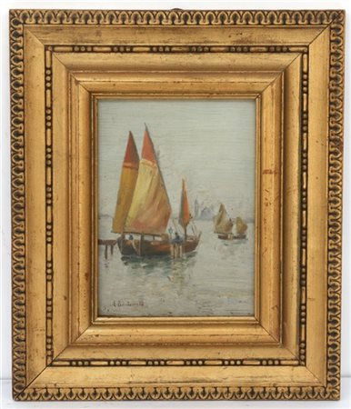 Eugenio Bonivento "Marina con barche" olio su cartone pressato (cm 27x21) firma