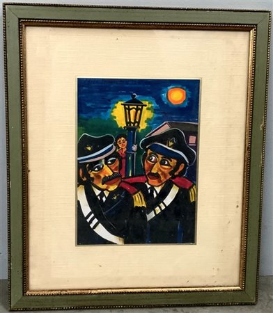 Ignoto "Scena notturna con carabinieri" tecnica mista su carta (cm 24x18) in co