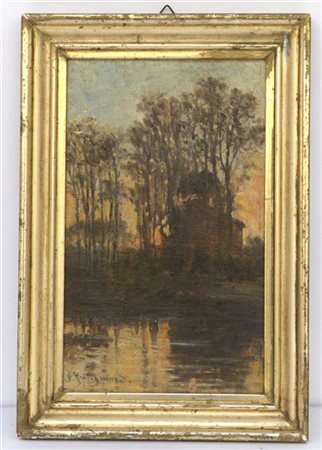 Gratognini Rognoni Francesca "Paesaggio fluviale" olio su tela (cm 30x18) firma