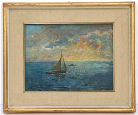 Firma indecifrata "Marina" olio su cartoncino (cm 29x38) firmato in basso a destra, i