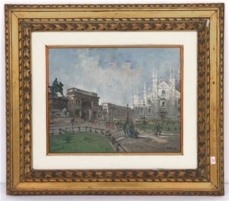 Giovanni Riva "Piazza Duomo Milano" olio su cartone (cm 24x30) firamto in basso