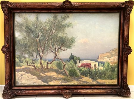 Alberto Cecconi "Scorcio di città sul mare" olio su tela (cm 70x100) Firmato in