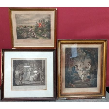 Lotto composto da tre incisioni inglesi raffiguranti scene di vita e scena di c