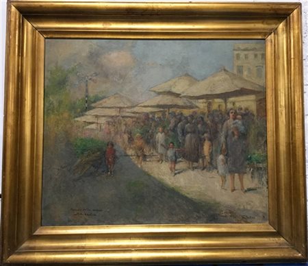 Giuseppe Pastina "Mercato della verdura sulla via Casilina" olio su tela (cm 48