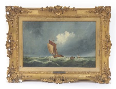E. Jobsam "Marina con velieri" olio su tela (cm 31x49) firmato e datato 1870 in