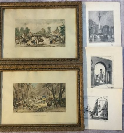 Lotto composto da due riproduzioni raffiguranti scene equestri in cornice unite