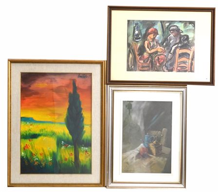 Lotto composto da tre dipinti di autori diversi. In cornici (difetti)