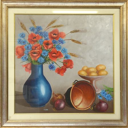 P. Dina "Papaveri e Fiordalisi" olio su tela (cm 60x60) firmato in basso al cen