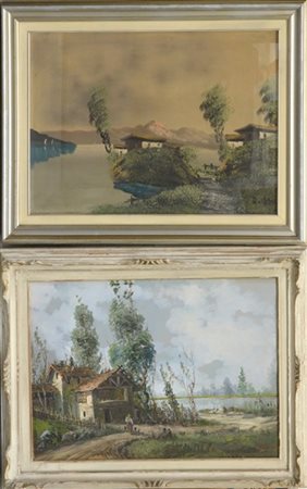 Lotto di due dipinti ad olio raffiguranti paesaggi, firmati Rossi e Mauri, misu