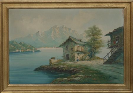 Ignoto  "Paesaggio lacustre" olio su masonite (cm 70x100) 