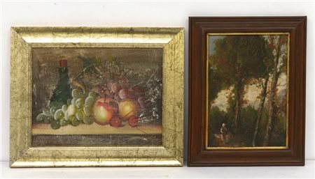 Lotto di due dipinti ad olio raffiguranti natura morta e figura nel bosco, auto