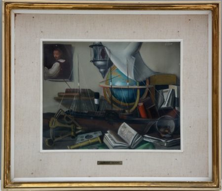 Adriano Gajoni "Lo scrittoio del viaggiatore" olio su faesite (cm 24x30) Firmato