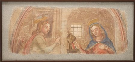 Strappo d'affresco raffigurante Madonna con santa (cm 54x114) in cornice (difet