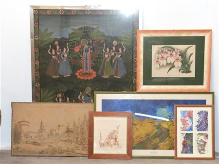 Lotto composto da un Batik e quattro riproduzioni in cornici unite ad un tessut