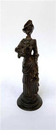 Ignoto, ''Gentildonna con cagnolino in costume ottocentesco'', scultura in bron